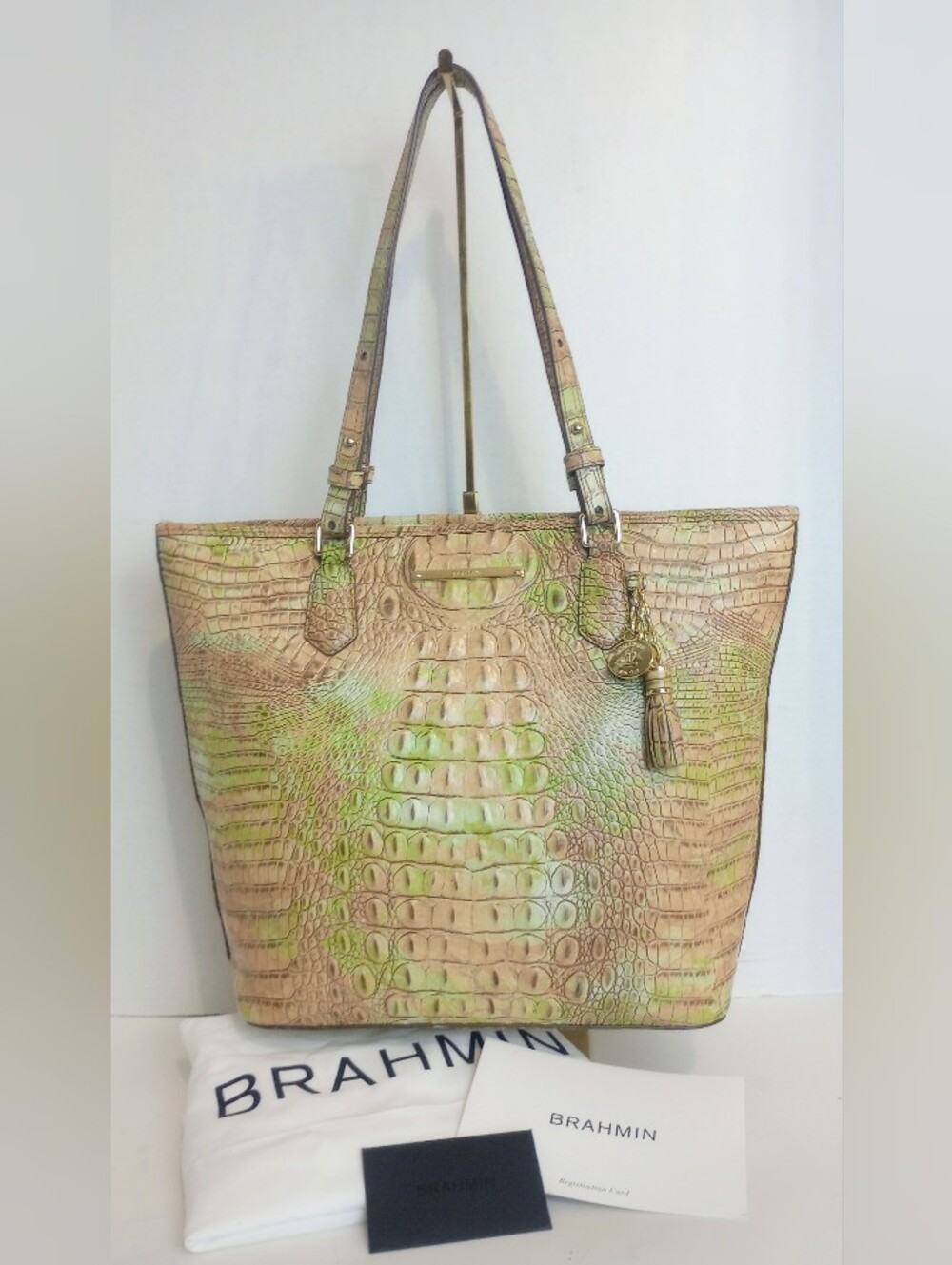 Brahmin Asher Tote In Atlas Melbourne, Crocodile Embossed Leather, Pink Green